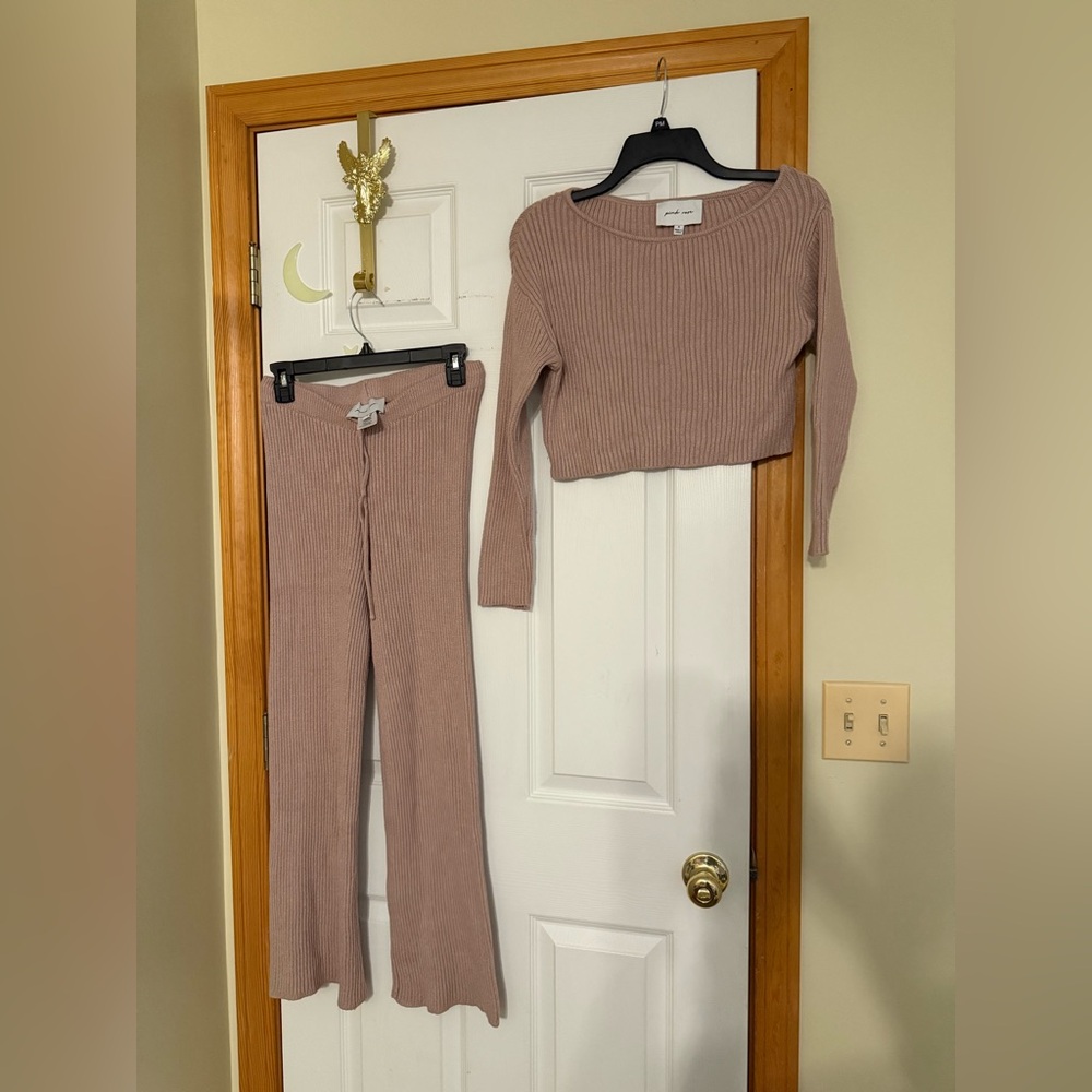 Pink Rose Dusty Pink Ribbed Sweater and Wide Leg Pants Set